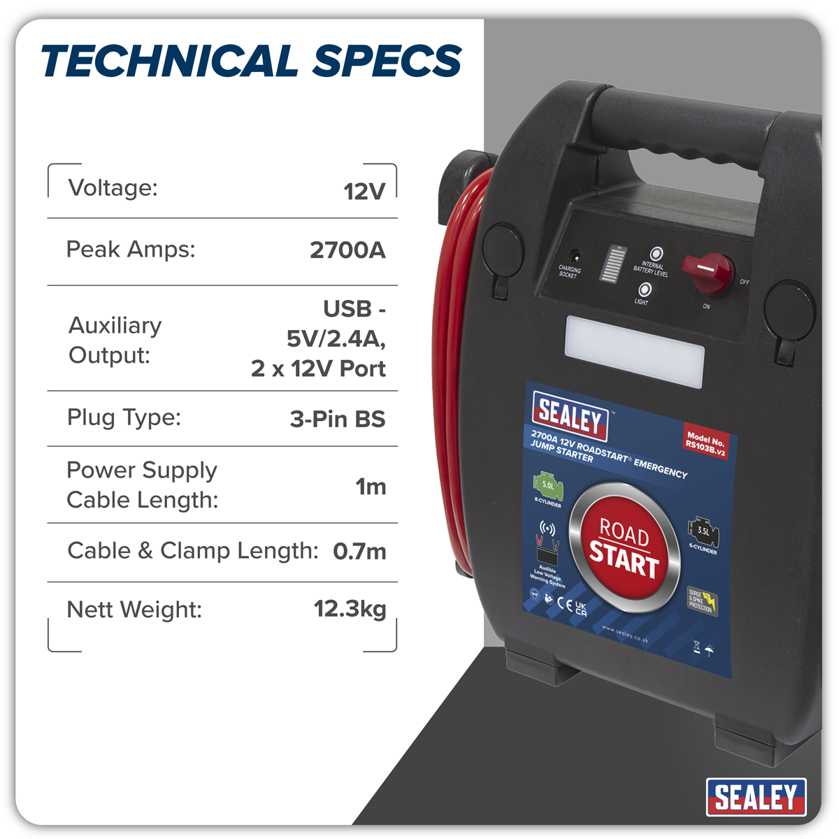 Sealey RS103B RoadStart 12V Emergency 8-Cylinder Jump Starter 5L