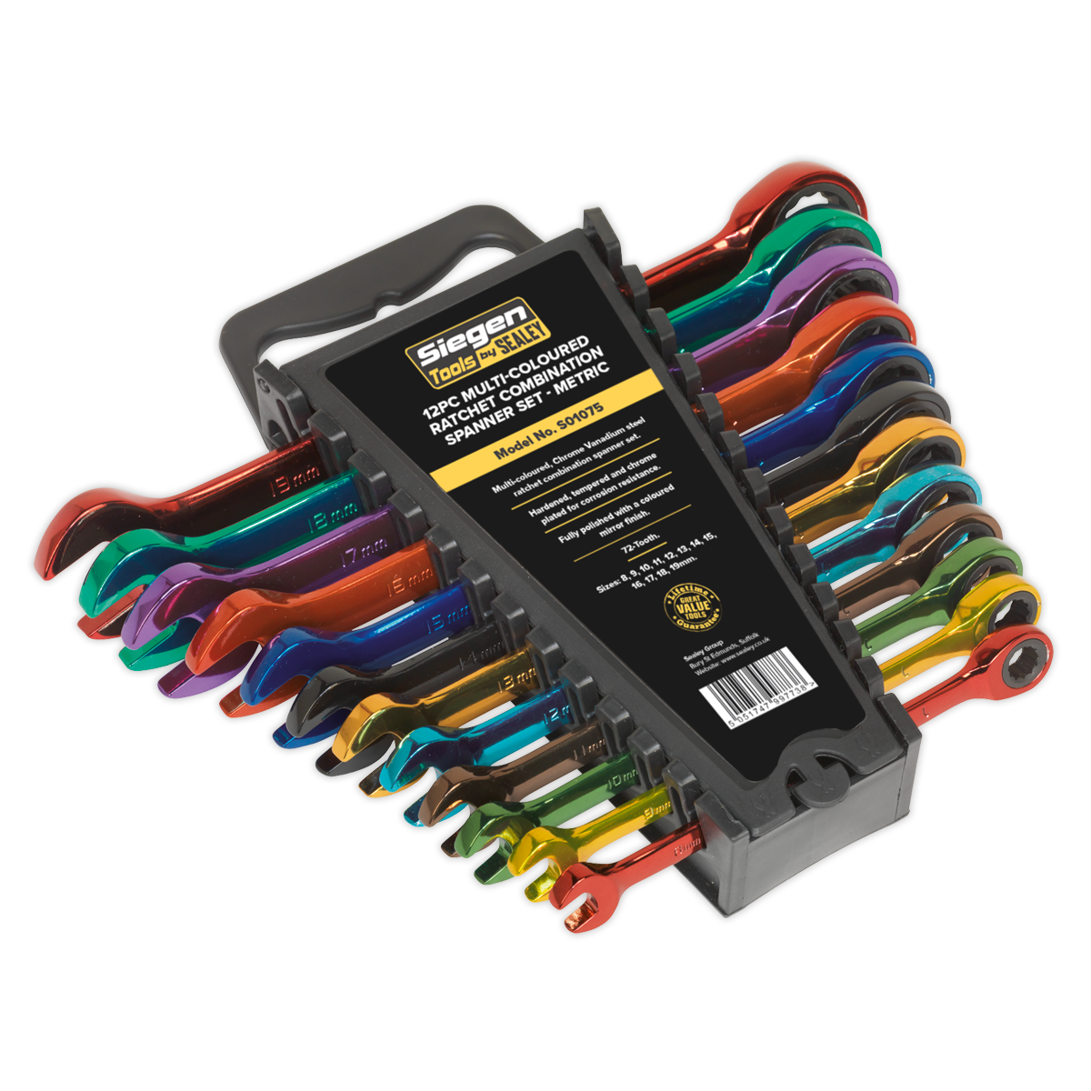 Sealey S01075 Ratchet Combination Spanner Set 12pc Multi-Coloured Metric