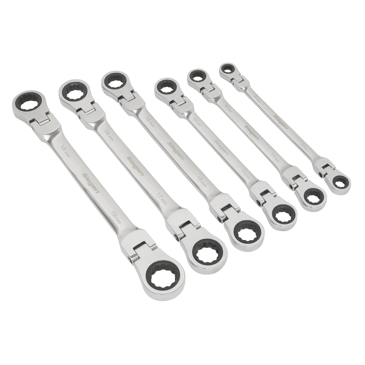 Sealey S0806 Flexi-Head Double End Ratchet Ring Spanner Set 6pc Metric