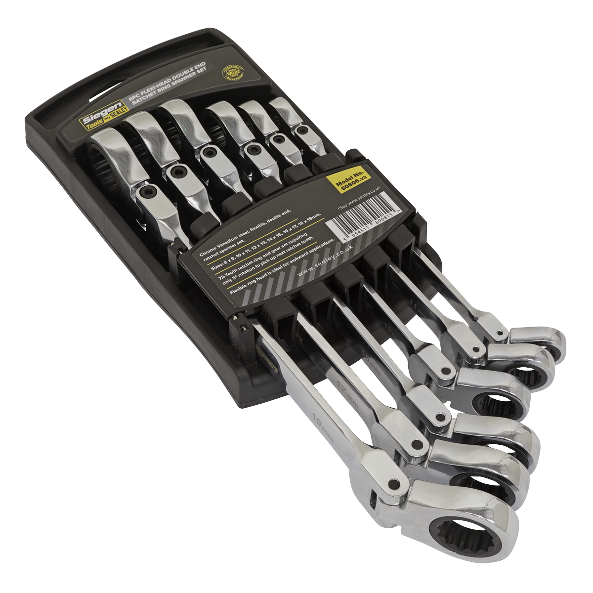 Sealey S0806 Flexi-Head Double End Ratchet Ring Spanner Set 6pc Metric
