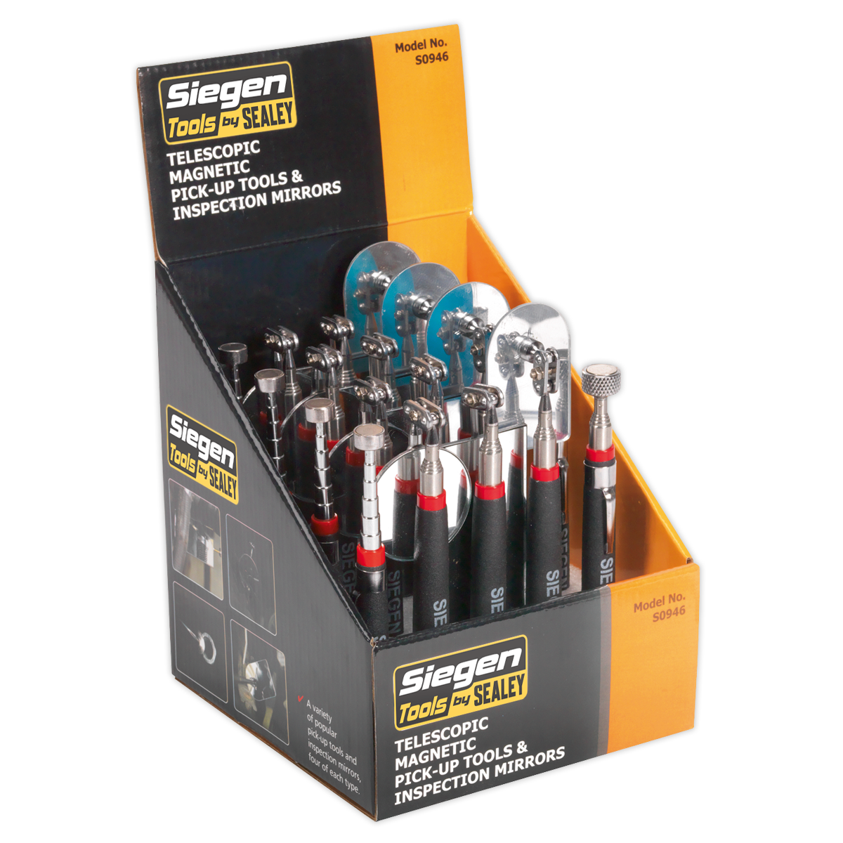 Sealey S0946 Telescopic Magnetic Pick-Up Tools & Inspection Mirrors - Display Box of 20