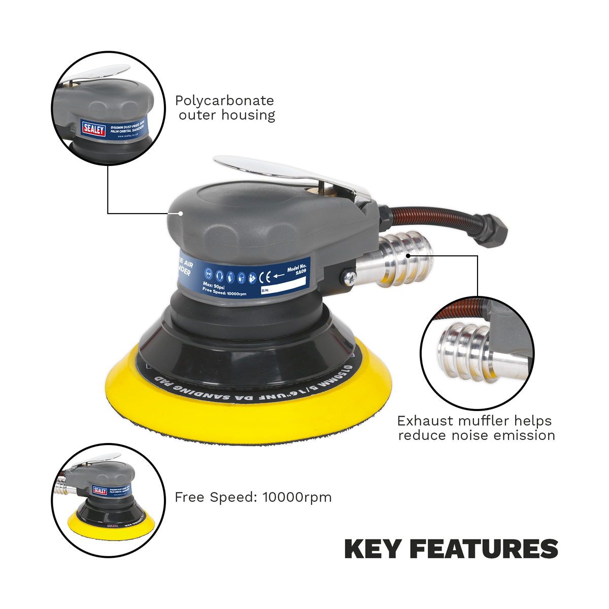 Sealey SA09 Air Palm Orbital Sander 150mm Dust-Free