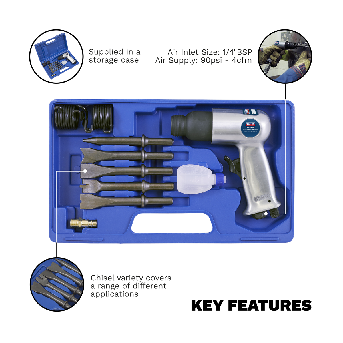 Sealey SA12/S Air Hammer Kit with Chisels Medium Stroke