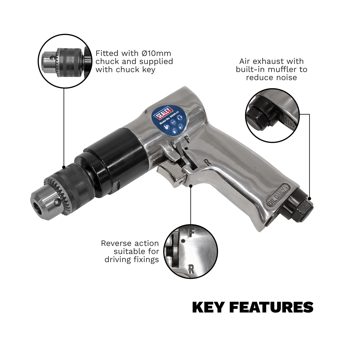 Sealey SA24 Air Drill 10mm 1800rpm Reversible