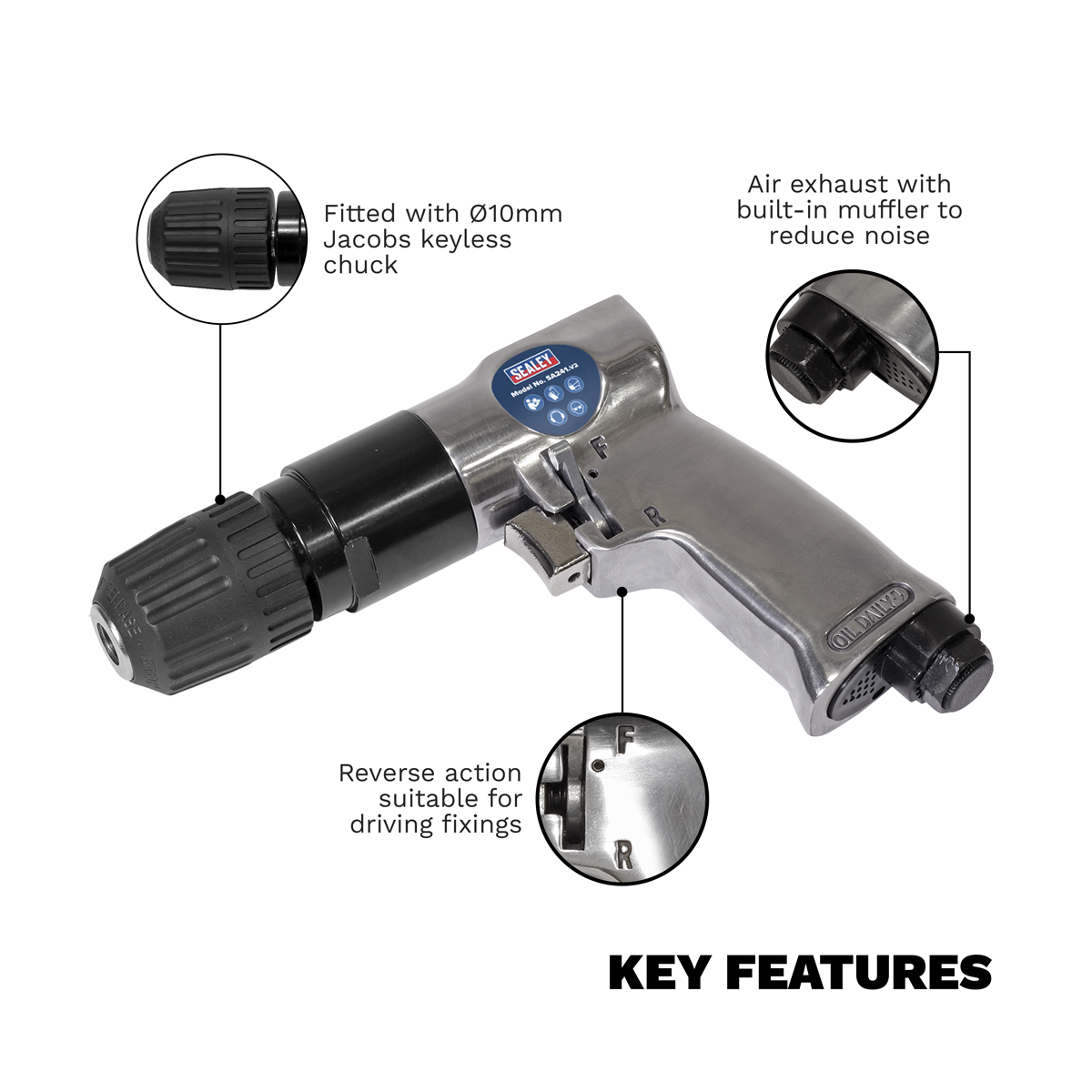 Sealey SA241 Air Drill 10mm Reversible with Keyless Chuck