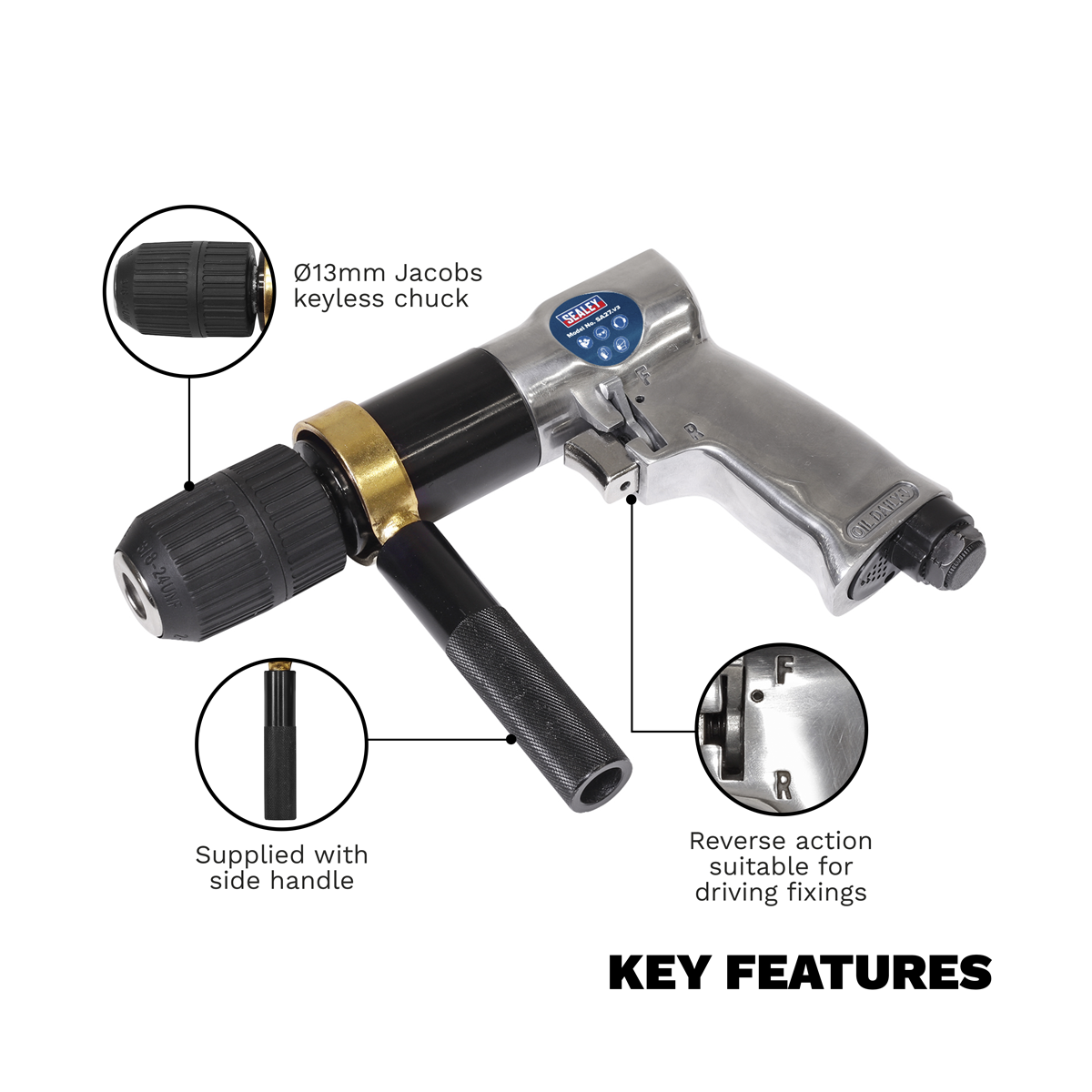 Sealey SA27 Air Drill 13mm 700rpm Reversible Keyless Chuck