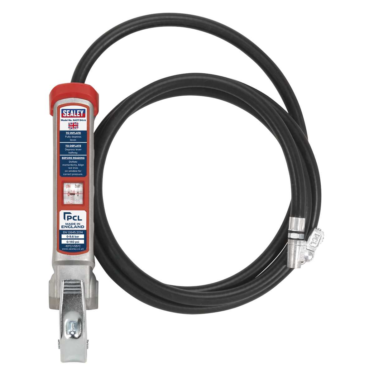 Sealey SA37/94 Professional Tyre Inflator with 2.5m Hose & Clip-On Connector