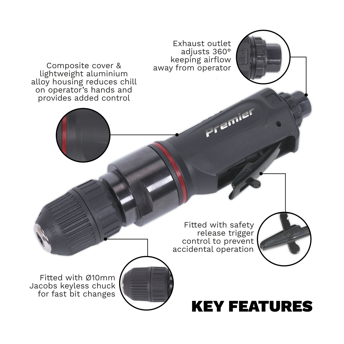Sealey SA622 Premier Straight Air Drill 10mm with Keyless Chuck