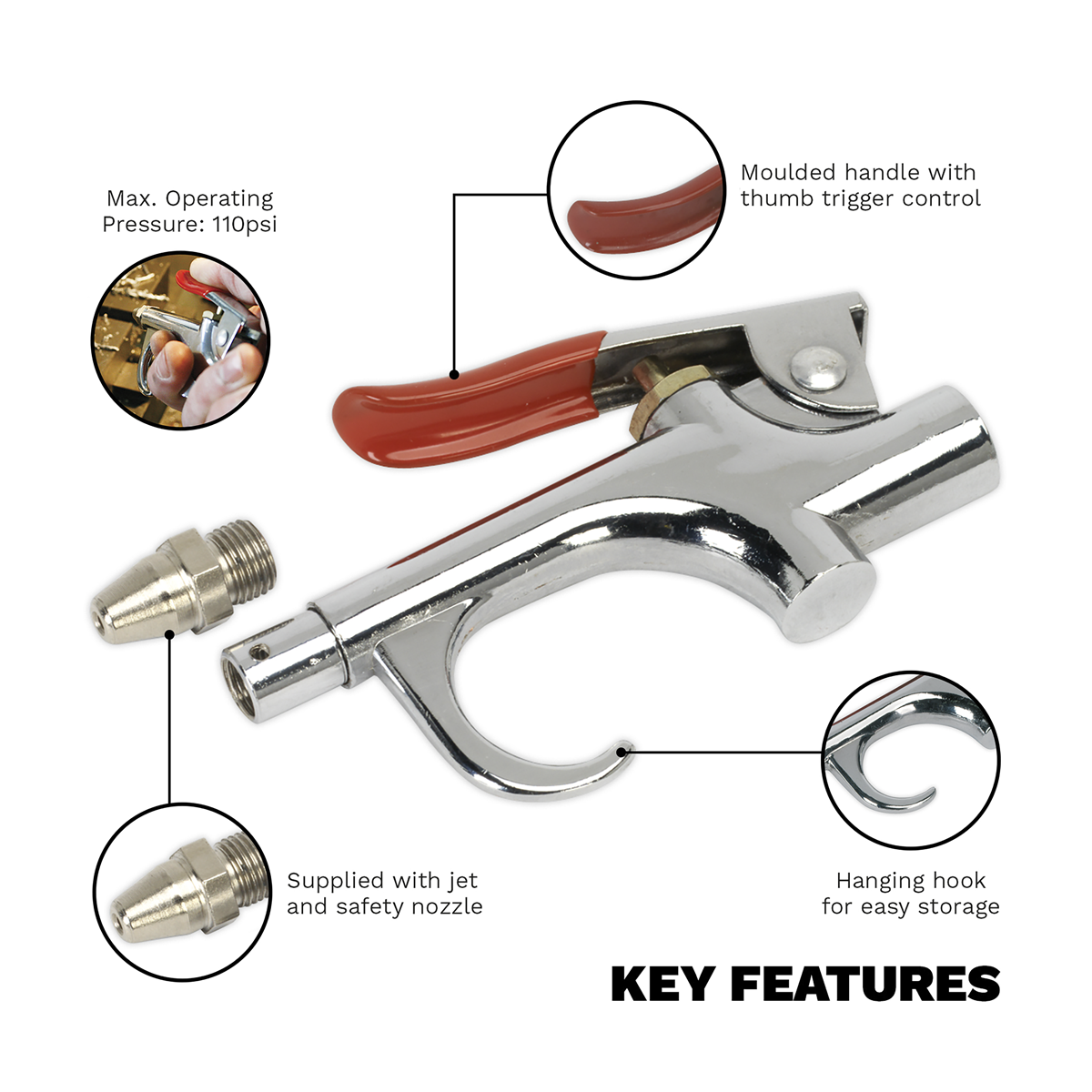 Sealey SA913 Air Blow Gun Palm Type with 1/4"BSP Air Inlet and Safety Nozzle