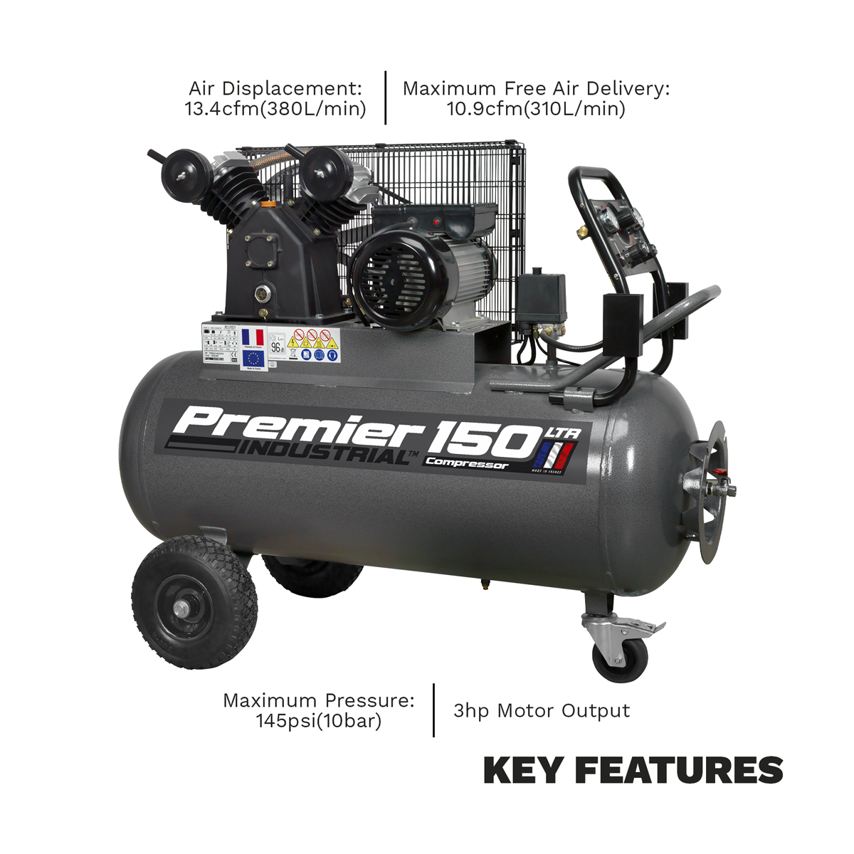 Sealey SAC3153B Premier 150L Belt Drive Air Compressor with Front Control Panel 3hp