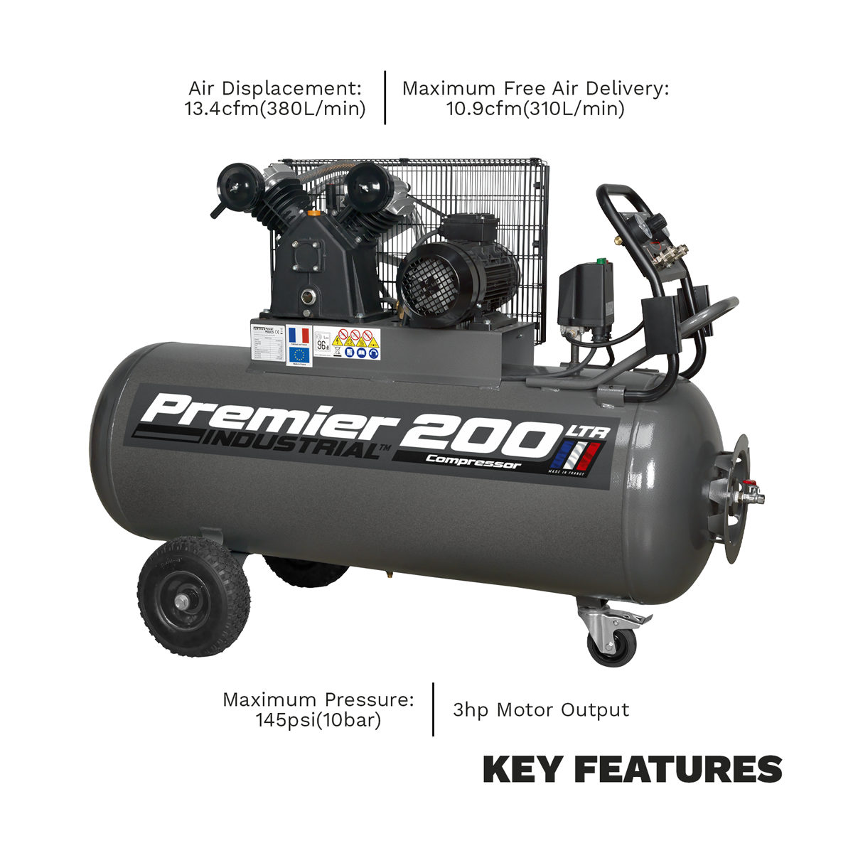 Sealey SAC3203B Premier 200L Belt Drive Air Compressor with Front Control Panel 3hp
