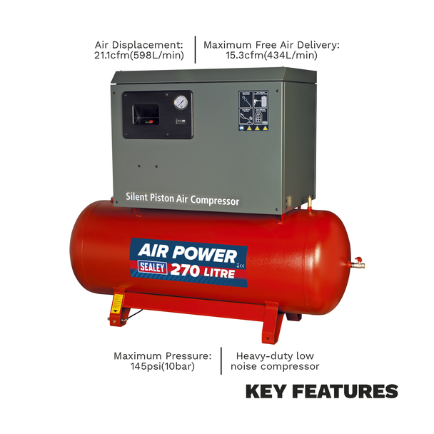 Sealey SAC42755BLN Air Compressor 270L Belt Drive 5.5hp 3ph 2-Stage with Cast Cylinders Low Noise
