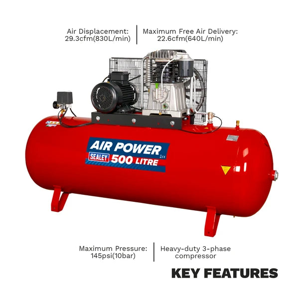 Sealey SAC55075B Air Compressor 500L Belt Drive 7.5hp 3ph 2-Stage with Cast Cylinders