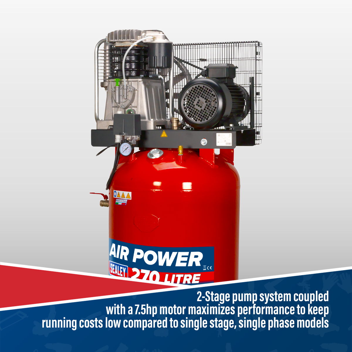 Sealey SACV52775B Air Compressor 270L Vertical Belt Drive 7.5hp 3ph 2-Stage with Cast Cylinders