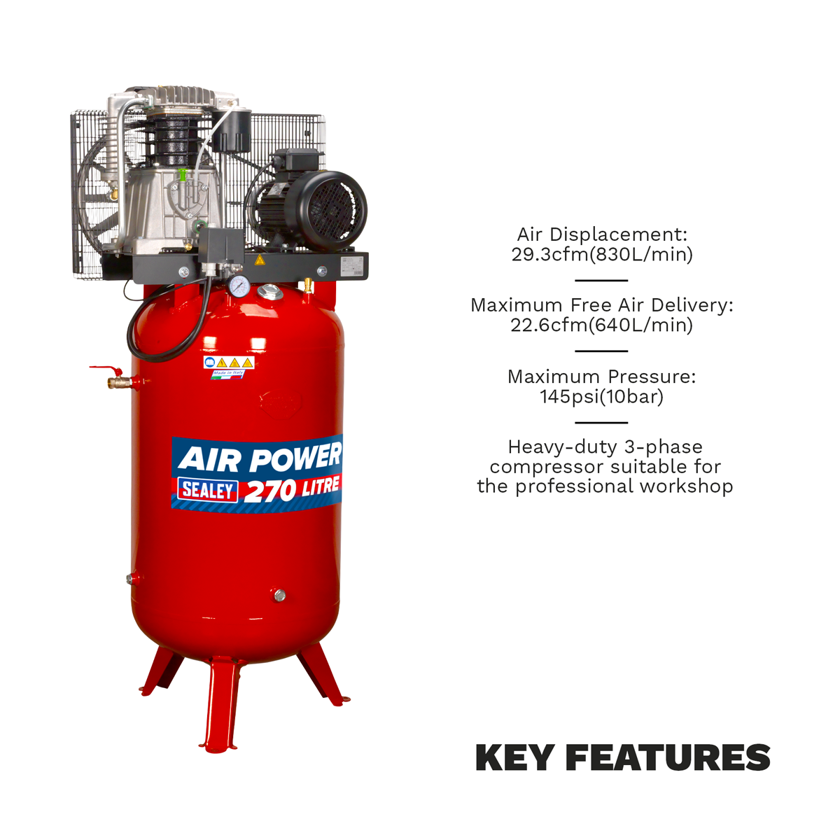 Sealey SACV52775B Air Compressor 270L Vertical Belt Drive 7.5hp 3ph 2-Stage with Cast Cylinders