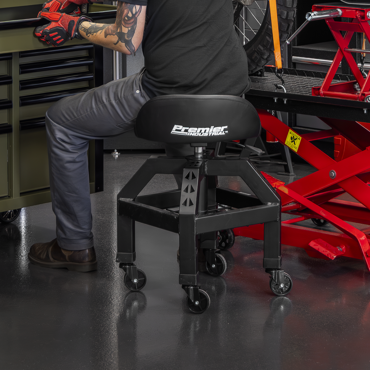 Sealey SCR03B Creeper Stool Pneumatic with Adjustable Height Swivel Seat & Back Rest