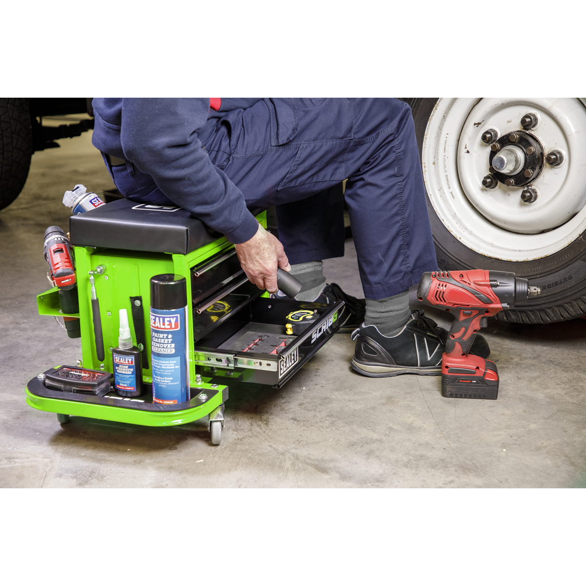 Sealey SCR18G Mechanic's Utility Seat & Toolbox - Hi-Vis Green