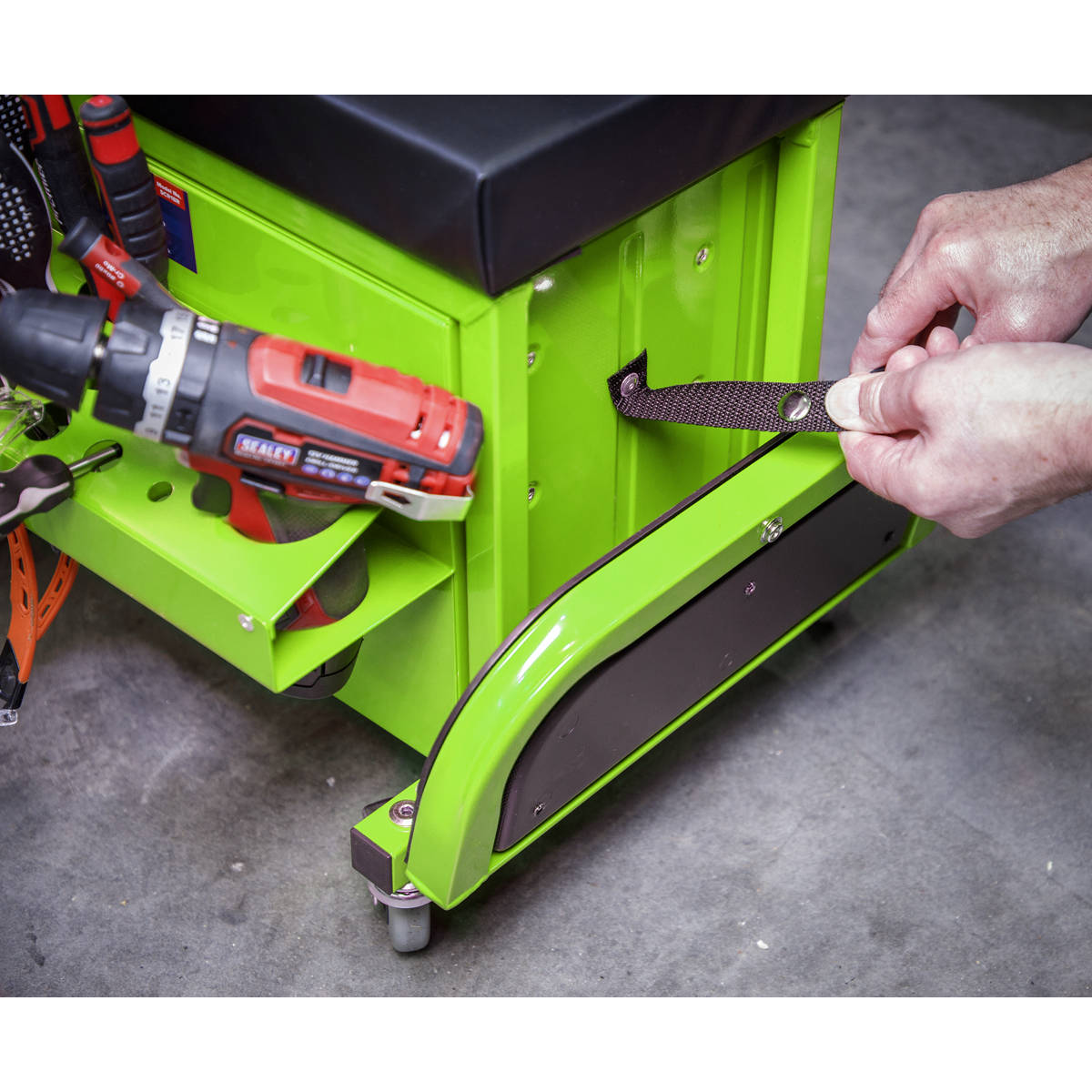Sealey SCR18G Mechanic's Utility Seat & Toolbox - Hi-Vis Green