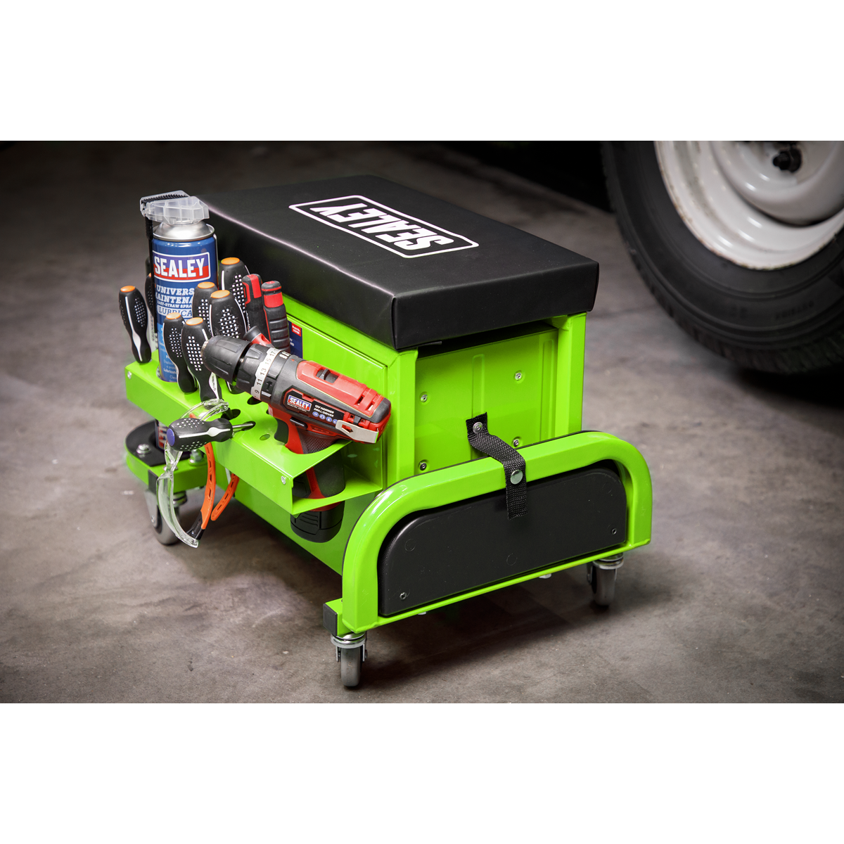 Sealey SCR18G Mechanic's Utility Seat & Toolbox - Hi-Vis Green