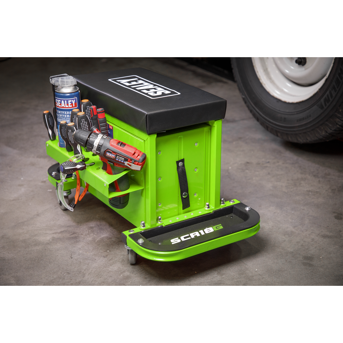 Sealey SCR18G Mechanic's Utility Seat & Toolbox - Hi-Vis Green