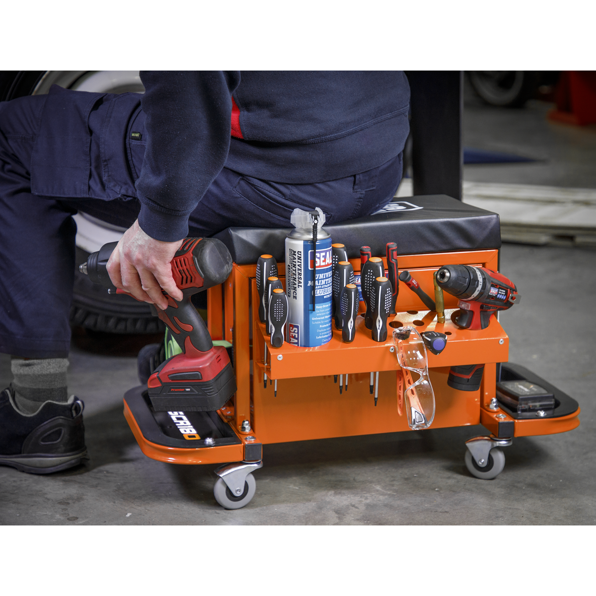 Sealey SCR18O Mechanic's Utility Seat & Toolbox - Orange