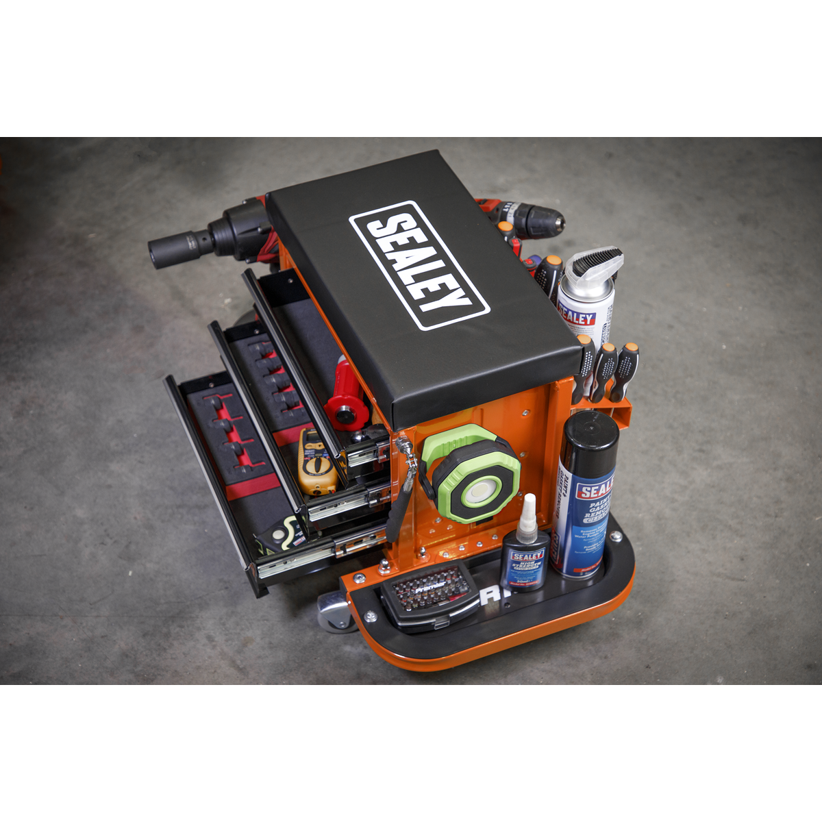 Sealey SCR18O Mechanic's Utility Seat & Toolbox - Orange