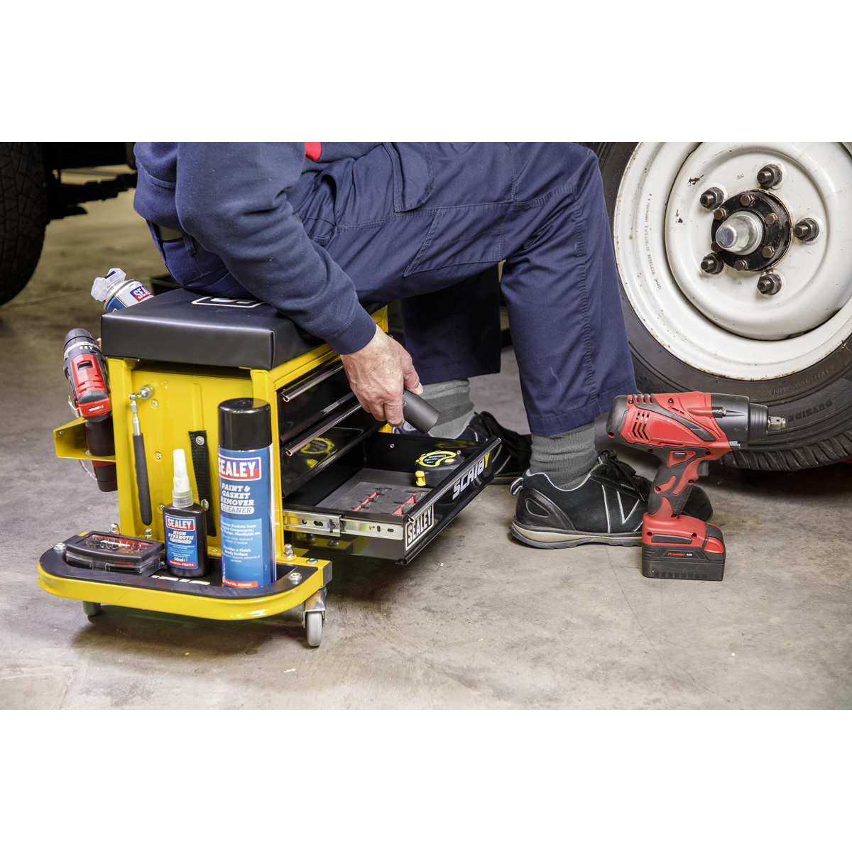 Sealey SCR18Y Mechanic's Utility Seat & Toolbox - Yellow