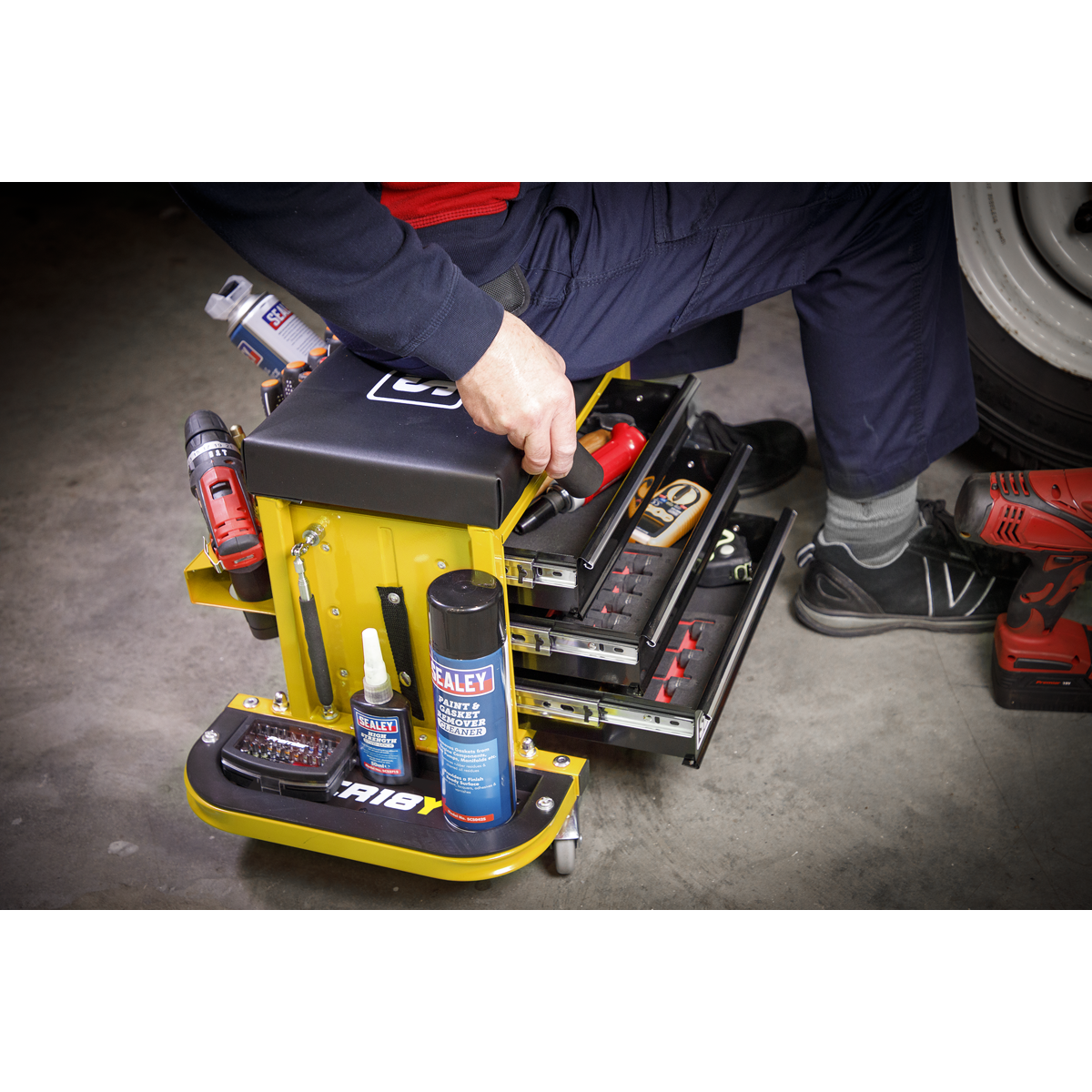 Sealey SCR18Y Mechanic's Utility Seat & Toolbox - Yellow