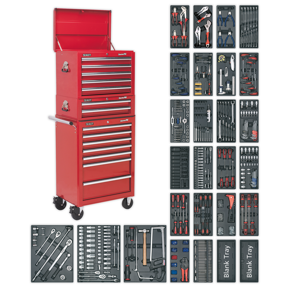 Sealey SPTCOMBO1 Tool Chest Combination 14 Drawer with Ball Bearing Slides - Red & 1179pc Tool Kit