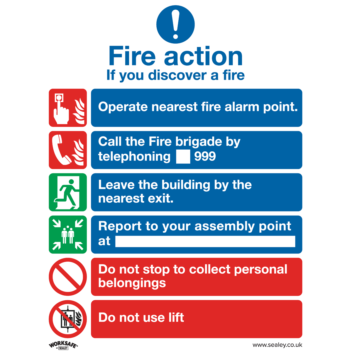 Sealey SS19P1 Safe Conditions Safety Sign - Fire Action With Lift - Rigid Plastic