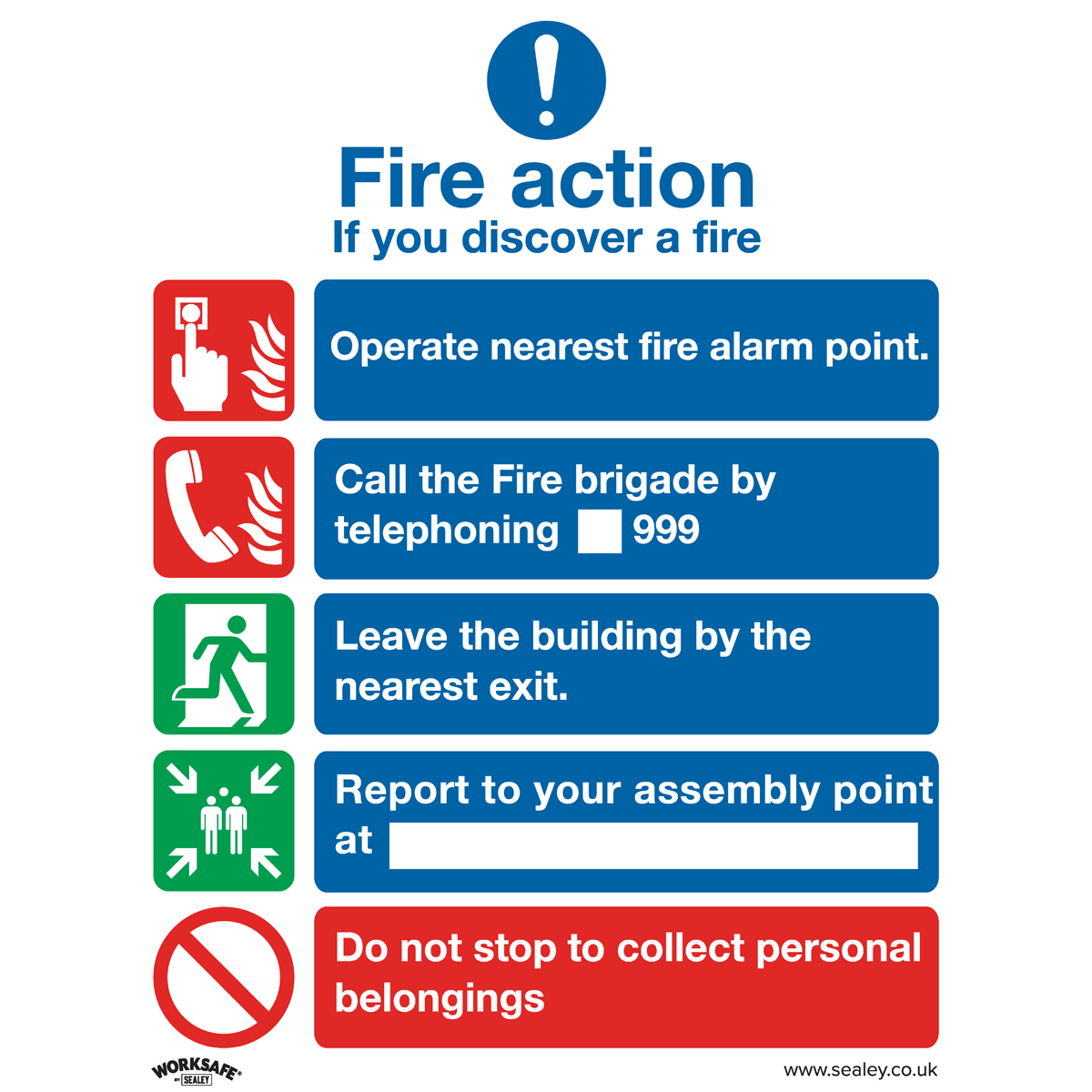 Sealey SS20P10 Safe Conditions Safety Sign - Fire Action Without Lift - Rigid Plastic - Pack of 10