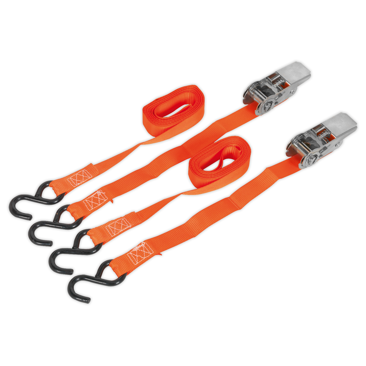 Sealey TD0540S2 Ratchet Tie Down 25mm x 4m Polyester Webbing with S-Hooks 500kg Breaking Strength - Pair