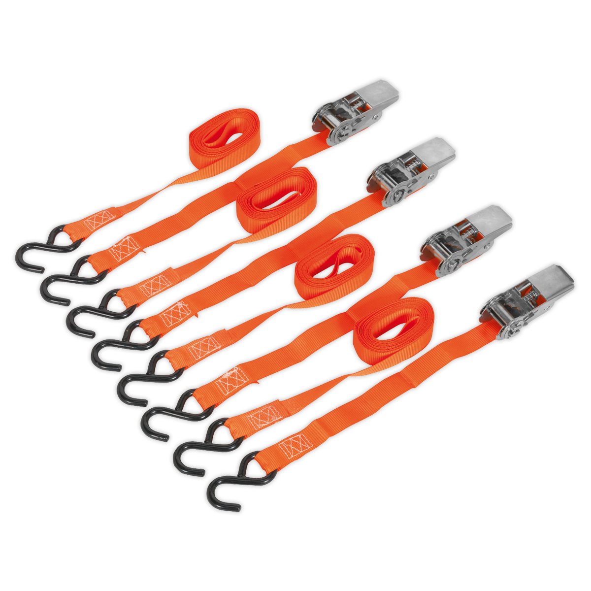 Sealey TD0540S4 Ratchet Tie Down 25mm x 4m Polyester Webbing with S-Hooks 500kg Breaking Strength - 2 Pairs