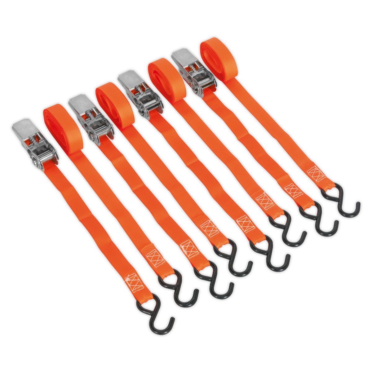 Sealey TD0540S4 Ratchet Tie Down 25mm x 4m Polyester Webbing with S-Hooks 500kg Breaking Strength - 2 Pairs