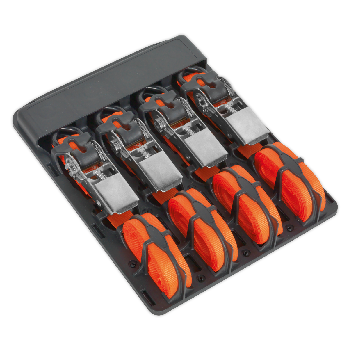 Sealey TD0540S4 Ratchet Tie Down 25mm x 4m Polyester Webbing with S-Hooks 500kg Breaking Strength - 2 Pairs