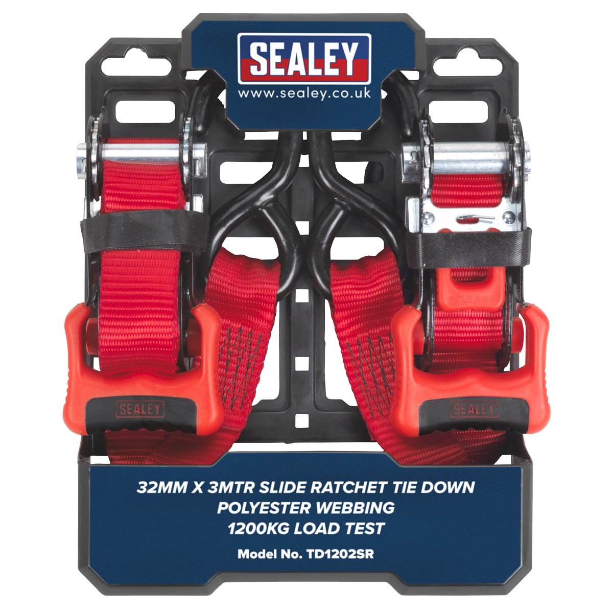 Sealey TD1202SR Slide Ratchet Tie Down 32mm x 3m Polyester Webbing with S-Hooks 1200kg Breaking Strength