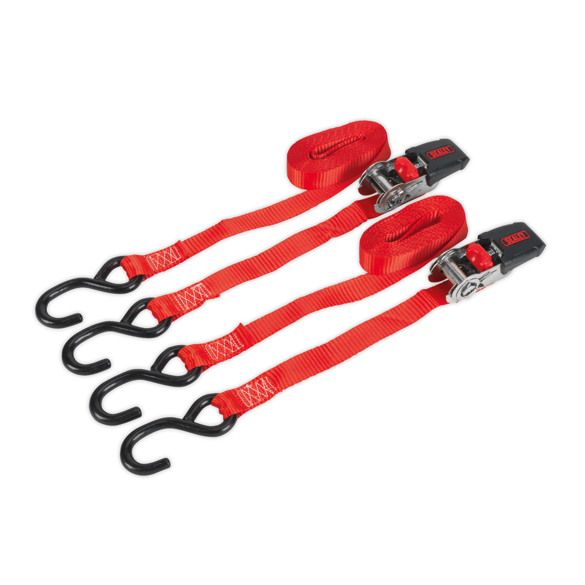 Sealey TD284SD Ratchet Tie Down 25mm x 4m Polyester Webbing with S-Hooks 800kg Breaking Strength - Pair