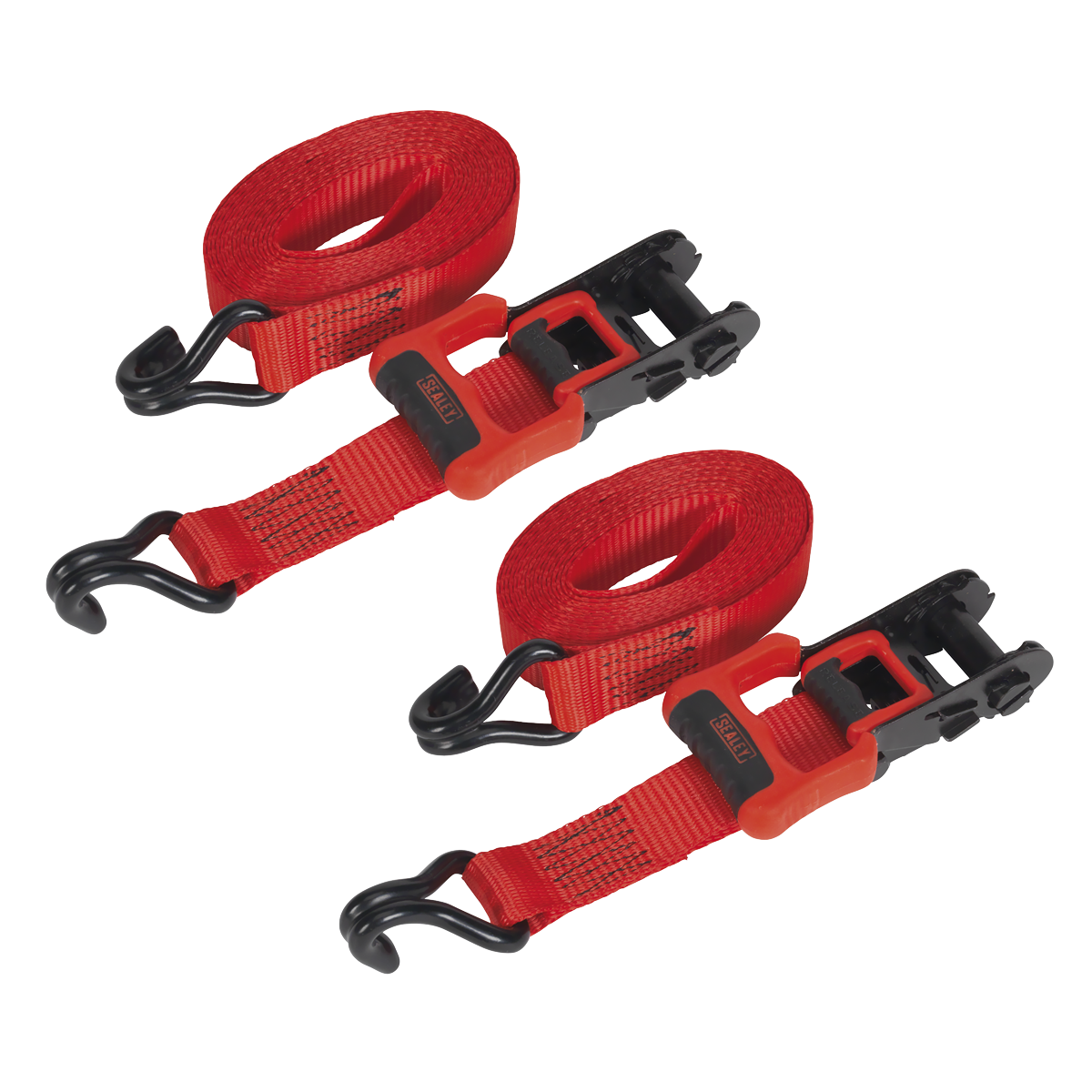 Sealey TD41248JD Ratchet Tie Down 32mm x 4.9m Polyester Webbing with J-Hooks 1200kg Breaking Strength - 1 Pair