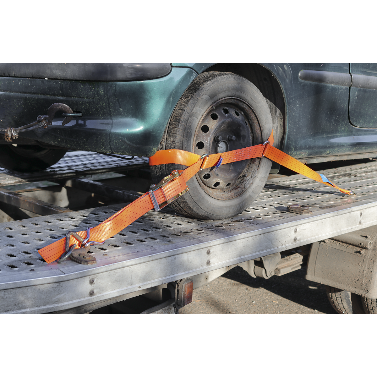 Sealey TDRWS Car Transporter Ratchet Tie Down 50mm x 3m Steel Wheel - Single 4500kg Breaking Strength