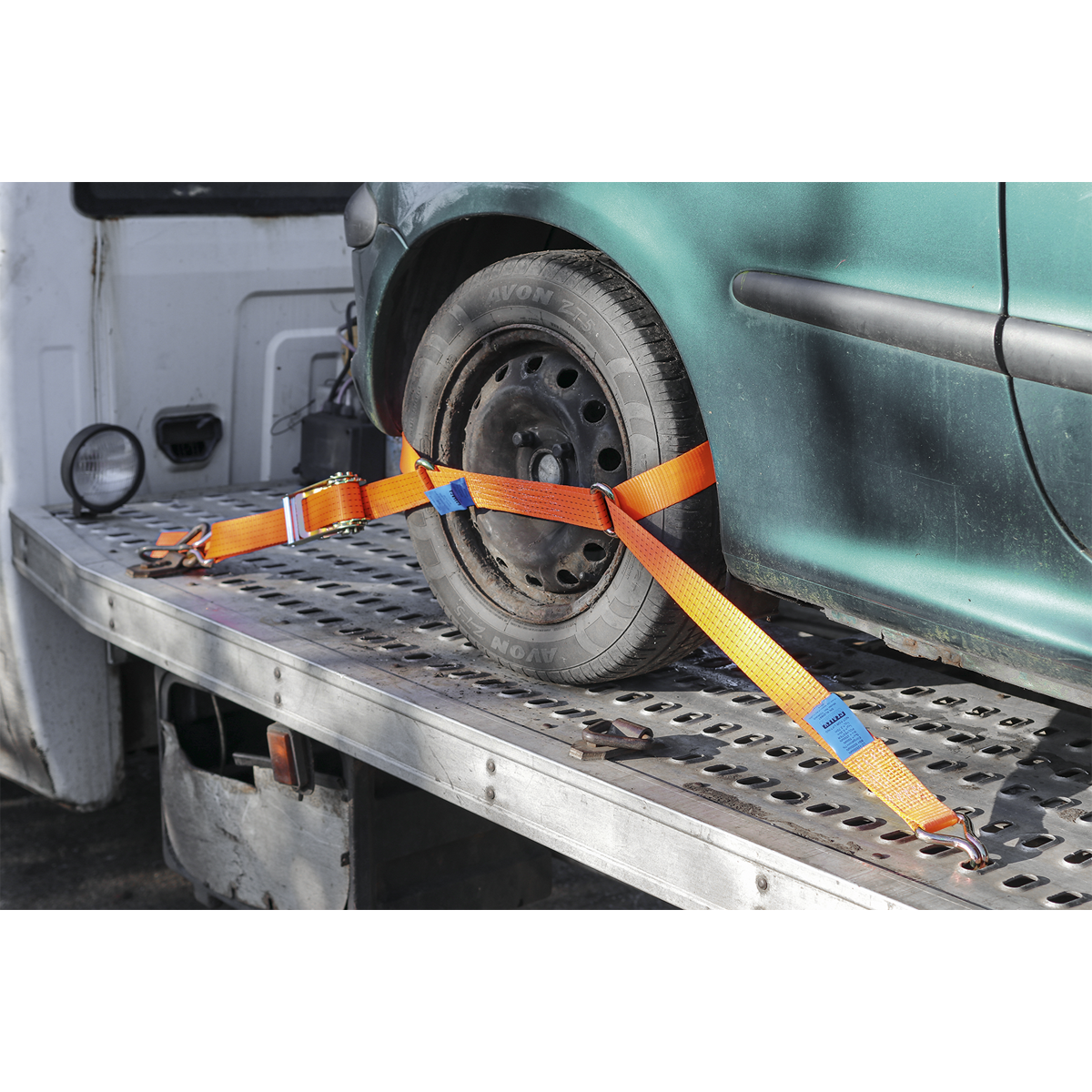 Sealey TDRWS Car Transporter Ratchet Tie Down 50mm x 3m Steel Wheel - Single 4500kg Breaking Strength