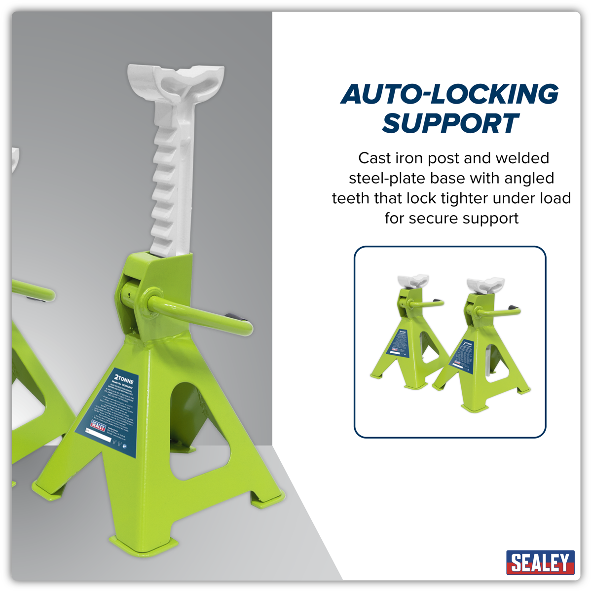 Sealey VS2002HV Axle Stands (Pair) 2tonne Capacity per Stand Ratchet Type - Hi-Vis Green
