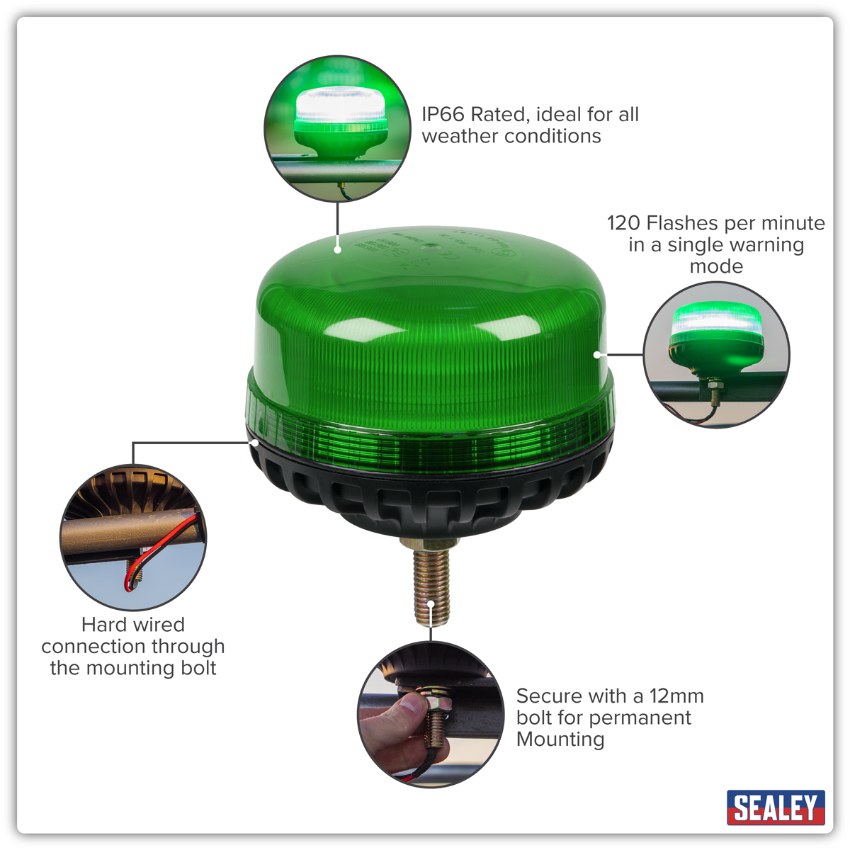 Sealey WB951LEDG Warning Beacon SMD LED 12/24V 12mm Bolt Fixing - Green