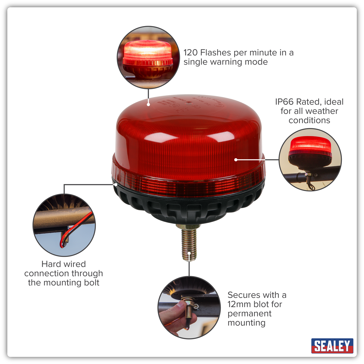 Sealey WB951LEDR Warning Beacon SMD LED 12/24V 12mm Bolt Fixing - Red