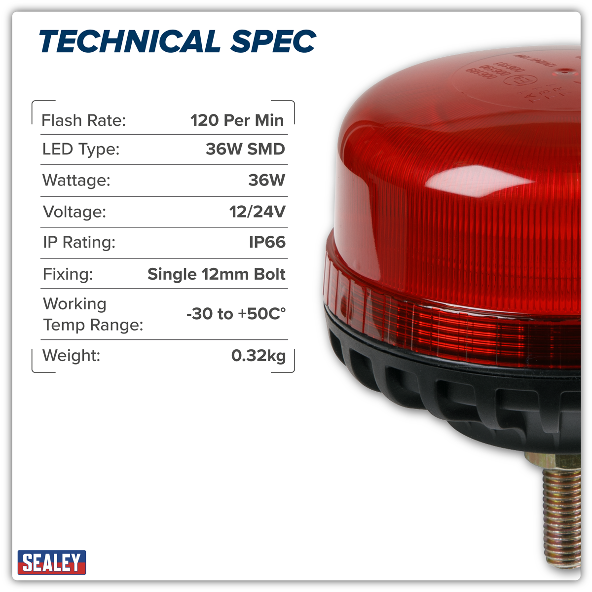 Sealey WB951LEDR Warning Beacon SMD LED 12/24V 12mm Bolt Fixing - Red
