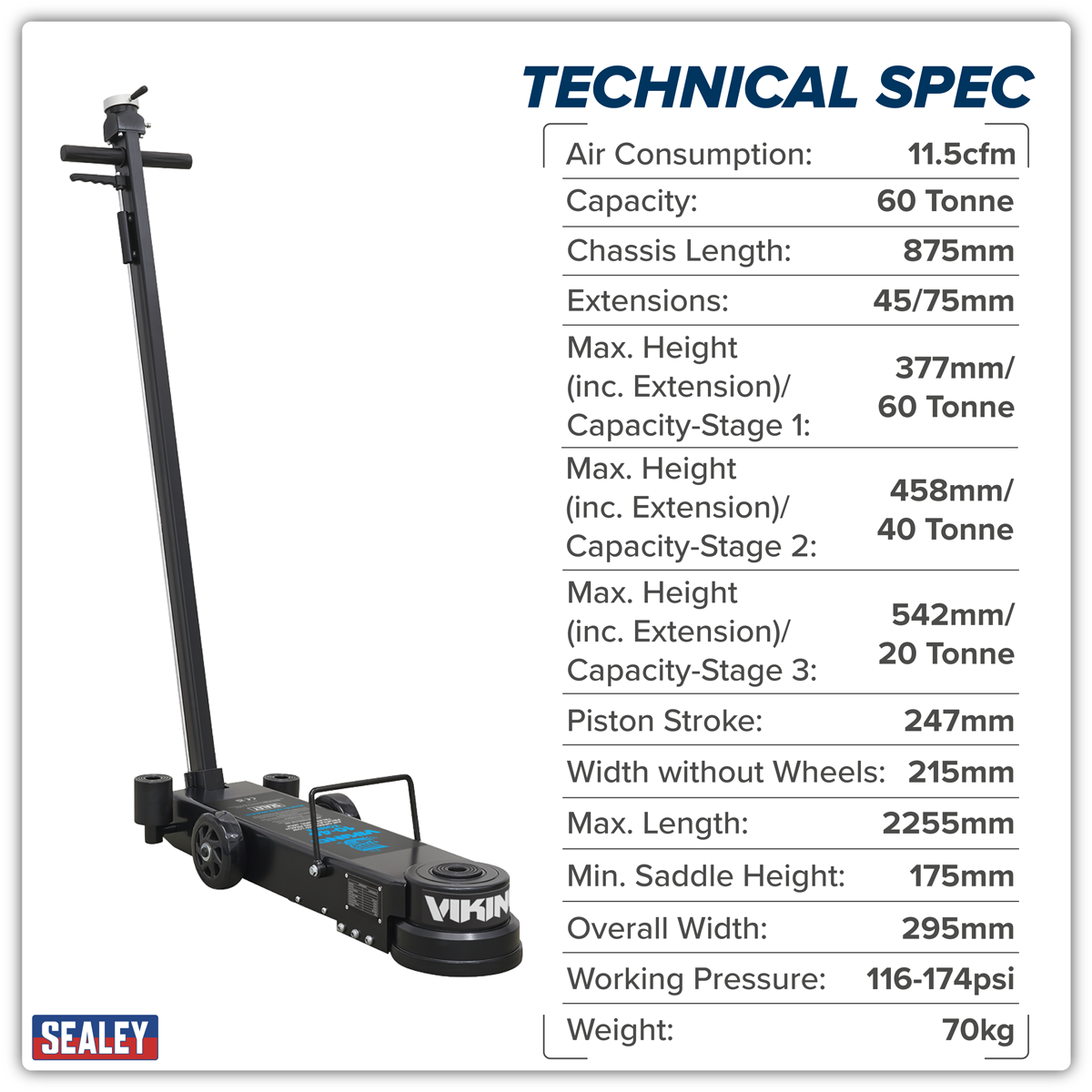 Sealey YAJ20-60LR Viking Long Reach/Low Profile Air Operated Telescopic Jack 20-60 Tonne