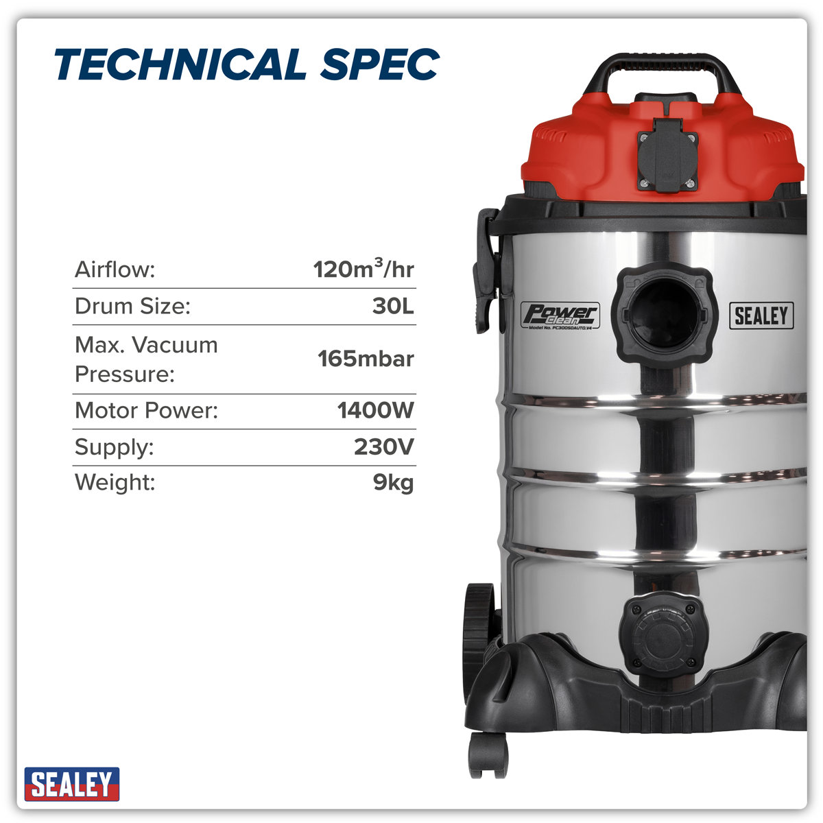 Sealey PC300SDAUTO 30L Industrial Vacuum Cleaner Wet & Dry with Stainless Steel Drum & Auto-Start 1400W/230V