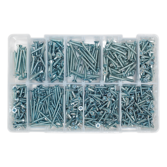 Sealey AB065STCP Self Tapping Screw Assortment 600pc Countersunk Pozi Zinc