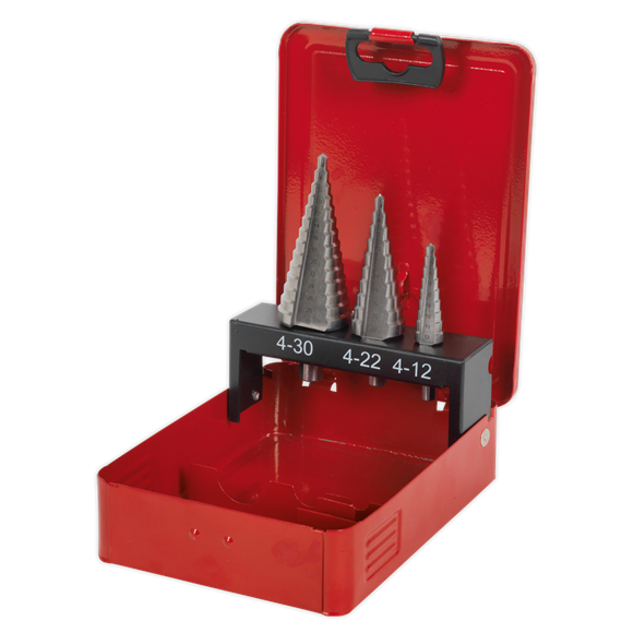 Sealey AK4733 HSS M2 Step Drill Bit Set 3pc Double Flute