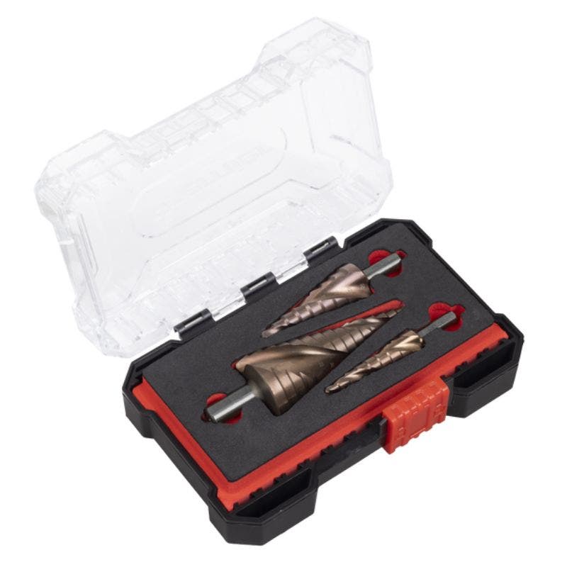 Sealey AK4743 HSS M2 Step Drill Bit Set 3pc Spiral Flute