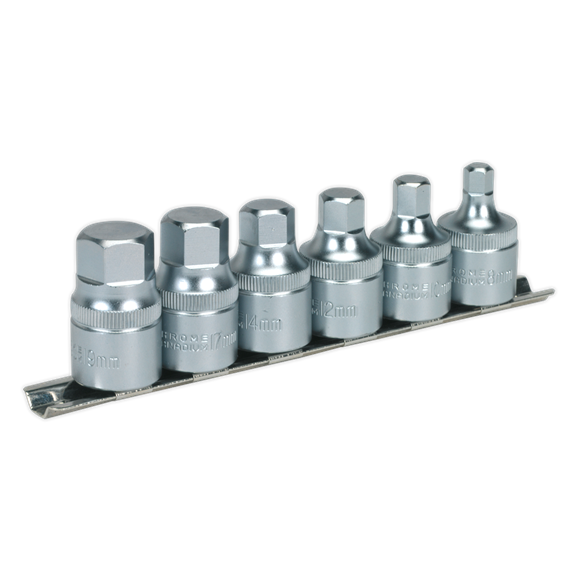 Sealey AK6561 Hex Socket Bit Set with Rail 6pc Stubby 1/2"Sq Drive Metric